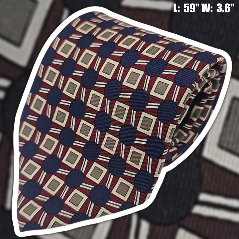 Robert Talbott Tie Mens Navy Blue Burgundy Foulard Geometric 100% Silk 59" USA